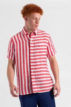 Camisas Ben Sherman B by Ben Sherman Candy Stripe Linen Short Sleeve Rosas Rojas | 031-EWOHYT