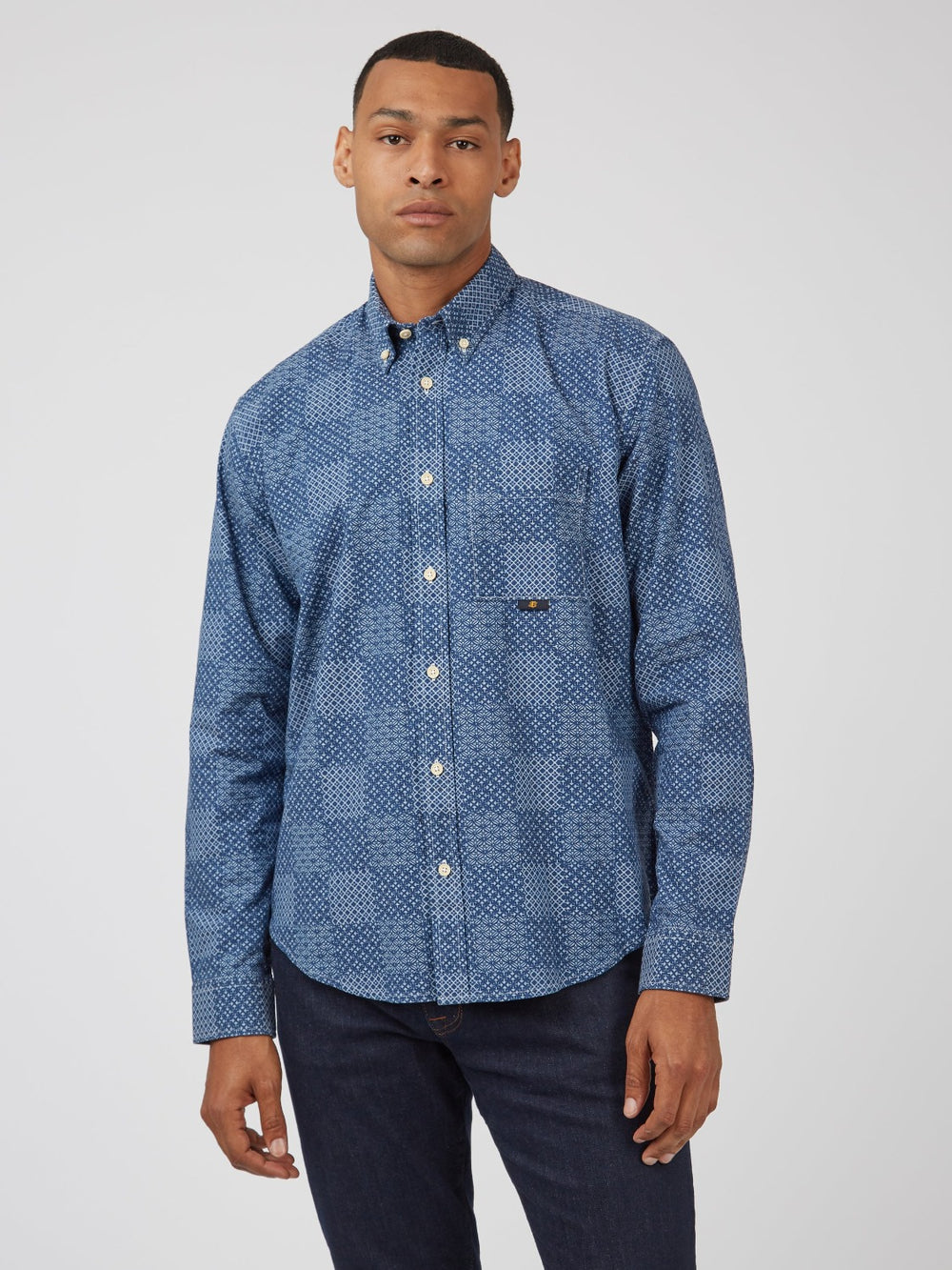 Camisas Ben Sherman Chambray Patchwork Geo Print Long-Sleeve Azules | 769-CVSJTA