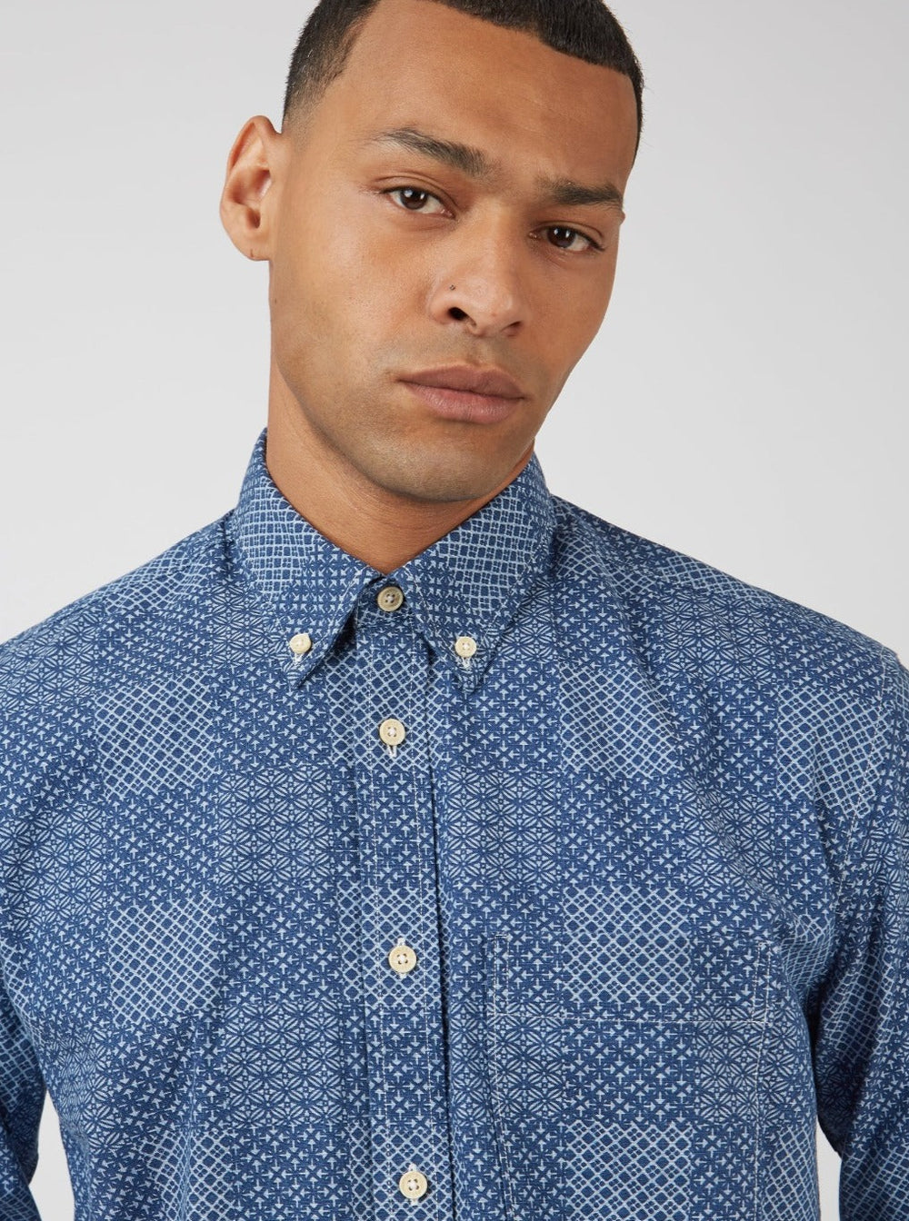 Camisas Ben Sherman Chambray Patchwork Geo Print Long-Sleeve Azules | 769-CVSJTA