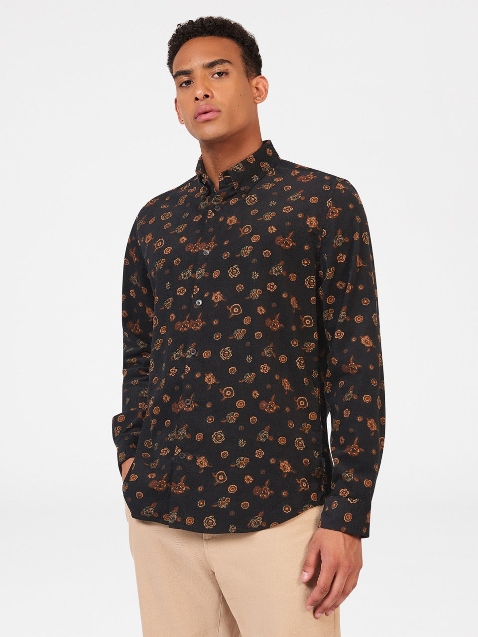 Camisas Ben Sherman Retro Floral Print Corduroy Negras | 203-FWCRYI