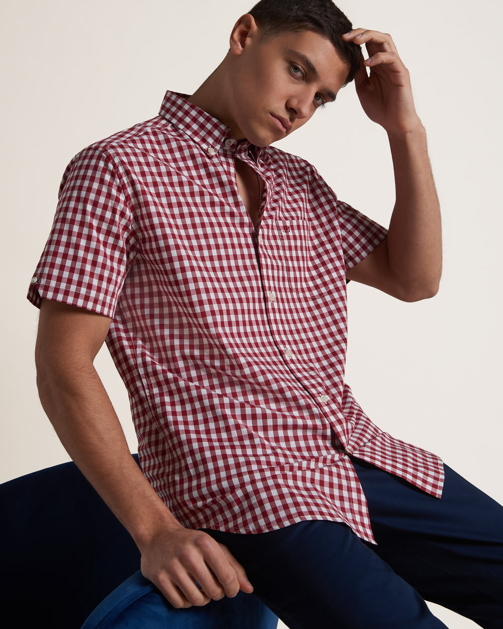 Camisas Ben Sherman Short Sleeve House Poplin Gingham Burdeos | 541-PJNSTW