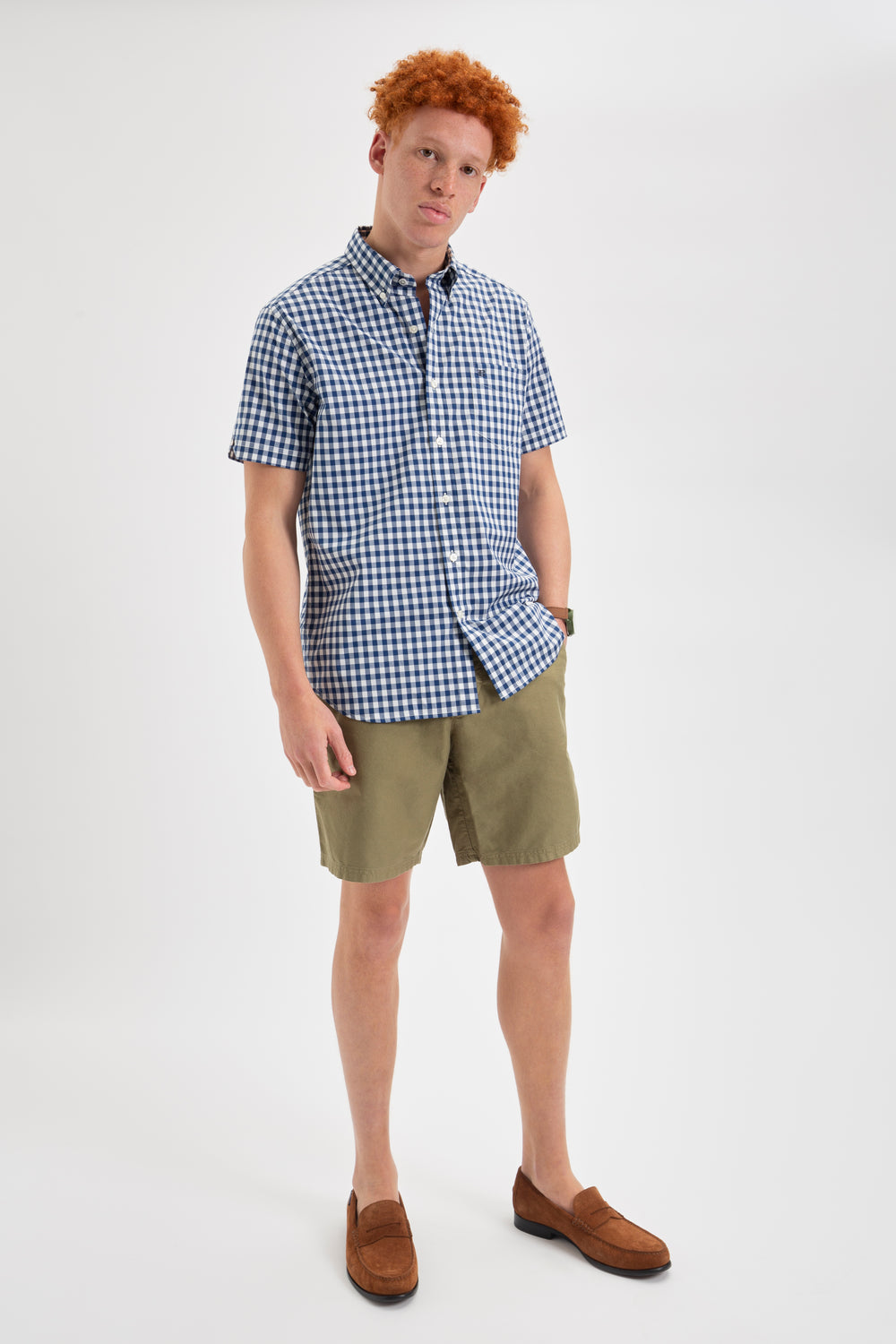 Camisas Ben Sherman Short Sleeve House Poplin Gingham Azul Marino Verde Oliva | 829-LFQZEC